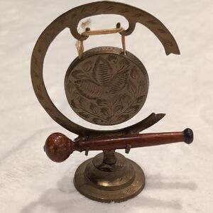 Etched Brass India Gong Wood Striker Meditation Prayer Dinner Bell Buddhism Leaf